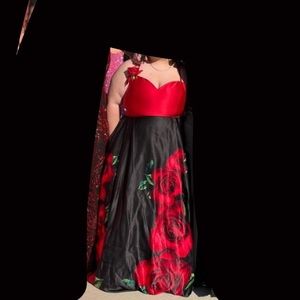 Red and black floral prom dress